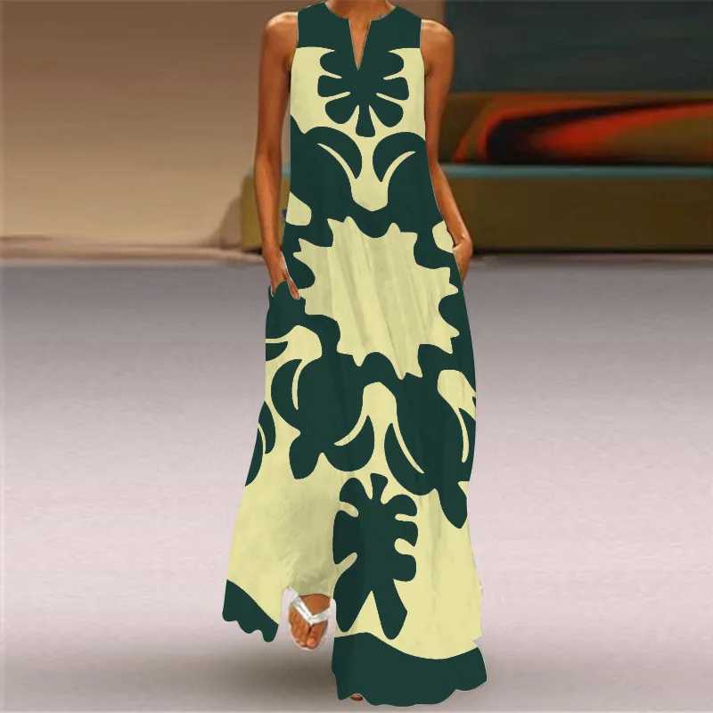 Womens Fashion Retro Printed Sveless Sexy Dress Summer Ele Womens Ethnic Style V-neck Loose Pocket Long Dress VestidosXJ2500207