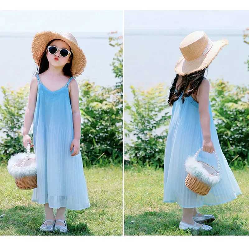 Resorts Look Mom and Daughter Equal Sling Dress Vacation Holidays Mother Baby Girls Same Beach Blue Dresses Momy and Me Clothes W250207