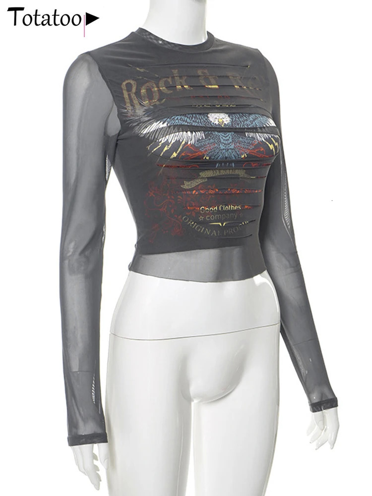 Totatoop Print Holes Mesh Transparent Sexy T Shirts For Women Summer Round Neck Long Sleeve Skinny Crop Tops Night Clubwear 250206