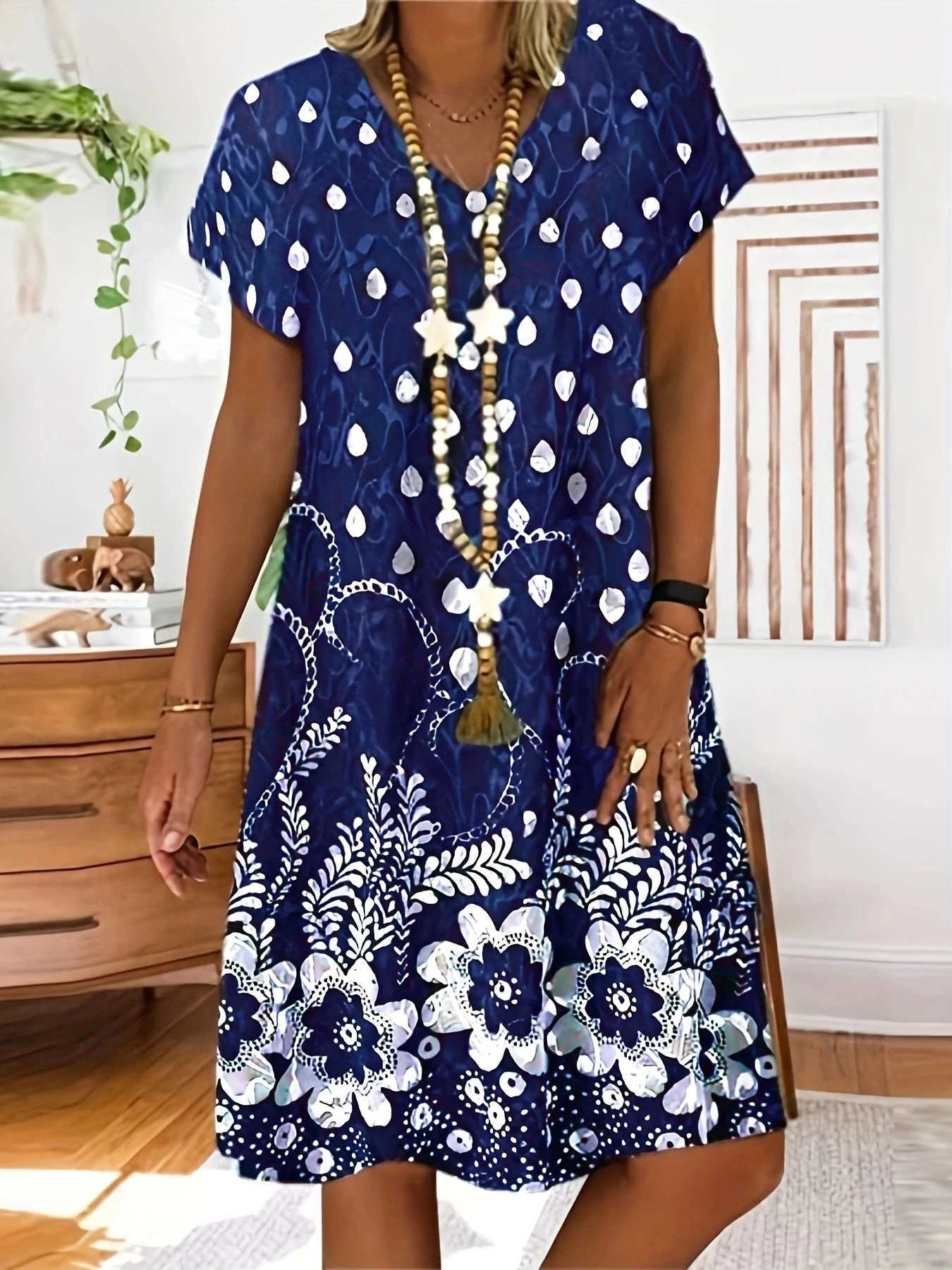Chic Floral Knee-High Tunic Dress-V-Neck Short SveSeason-Proof Easy-Care Womens Summer WearXJ2500207