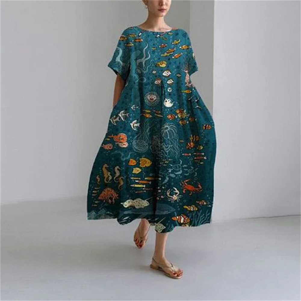 Retro Octopus Digital Print Short Sve Long Dress Summer New Women Casual Ele Dress Women Loose Crew Neck Pocket DressXJ2500207