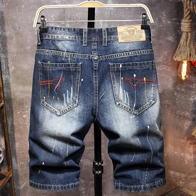 Summer Mens Jeans Trend Beggar Quarter Pants Ripped Denim Shorts Loose Straight Painted 250206