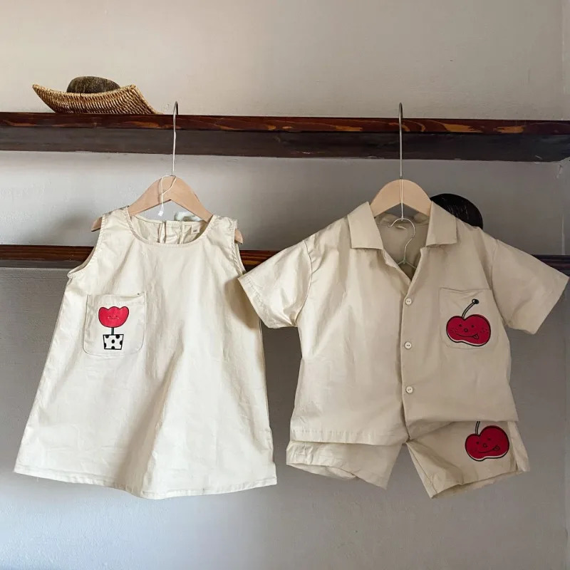 Brother and Sister Clothes Summer Cartoon Printed Boys Short Sleeve Shirt Shorts 2pcs Set Girls Vest Dress 250207