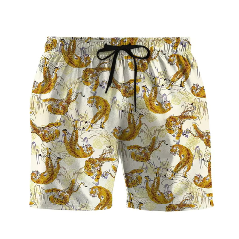 Retro Men's Beach Shorts With Fashionable Chinese Tiger Pattern 3D Printed Hawaiian Beach Casual Style Men's Pants