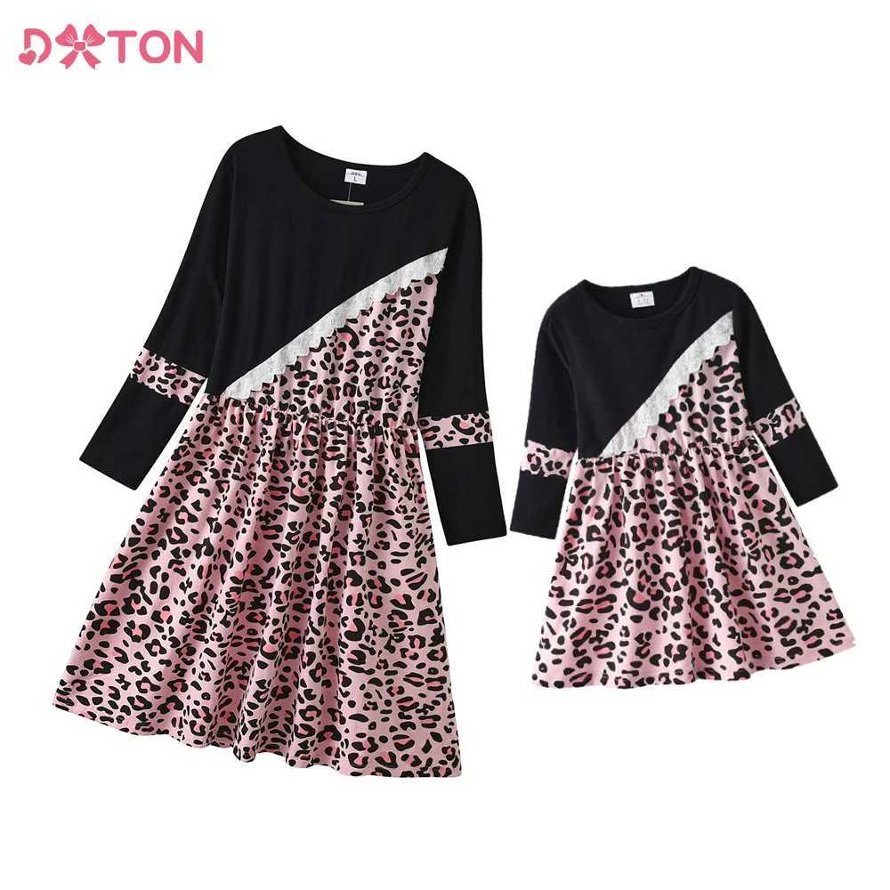 DXTON Family Matching Cotton Clothes Spring Mother and Kids Dress Women Leopard Print Kids Long Sleeve Casual Family Matching W250207