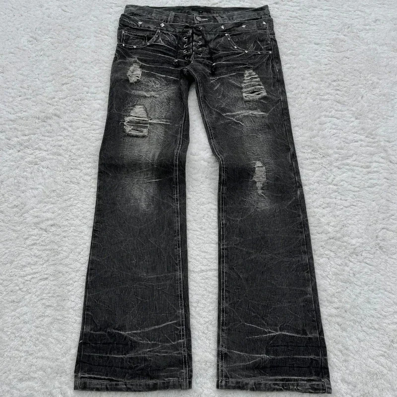 Y2K vintage High Waisted pant fashion Harajuku high quality Double Lace Up Jeans streetwear hip hop black jeans 250207
