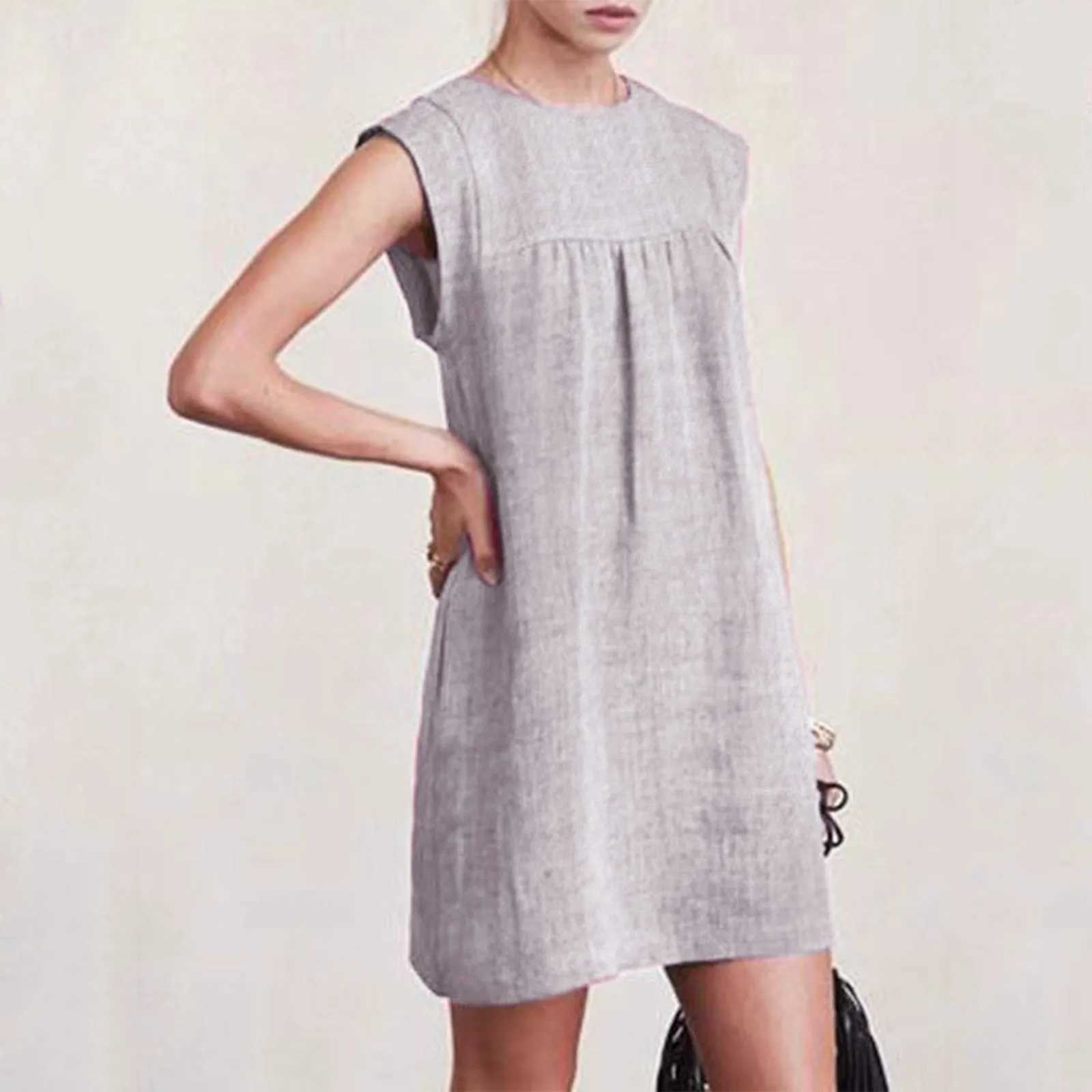Summer Holiday Dress For Women Casual O Neck Sveless Solid Color Cotton Linen Folds Sundress Loose Vacation Beach Short DressXJ2500207