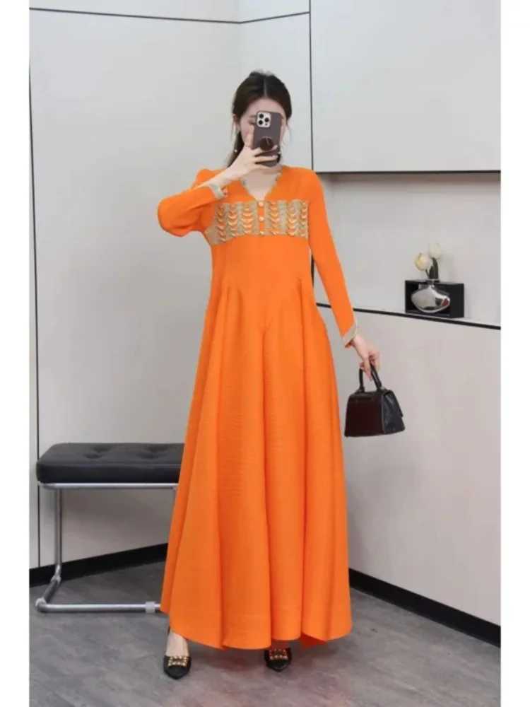 Pleated A Line Dresses For Women Evening Party Solid Full Sve V-neck Ele Lady New 2025 Spring Long Dress 2AN5190XJ2500207