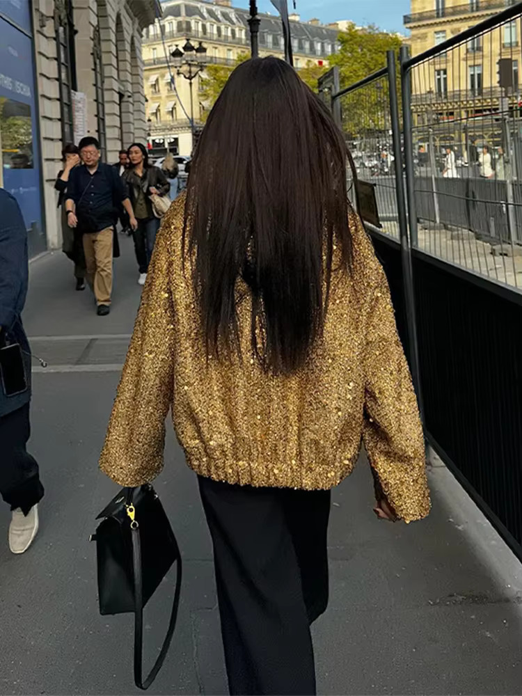 Fashion Gold Sequins Bomber Jacket For Women 2025 Chic Stand Collar Long Sleeve Coat Female Winter Autumn Lady Street Outerwear