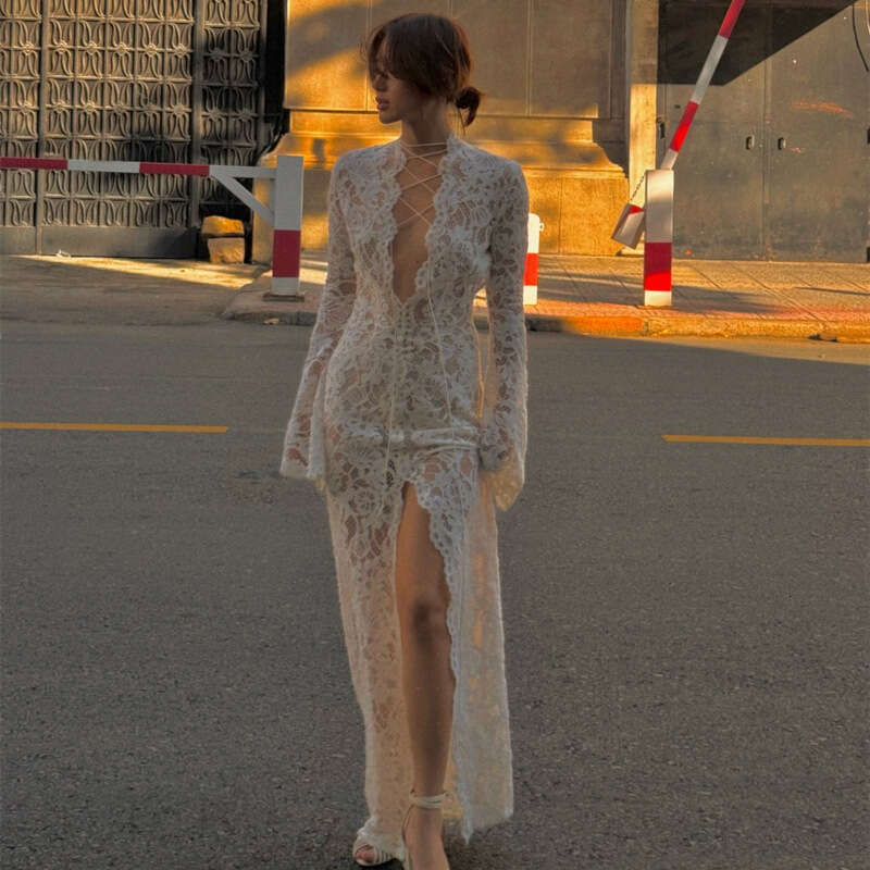 2025 early autumn sexy spicy girl lace patchwork street slit long sleeved dress new casual versatile fashion clothing