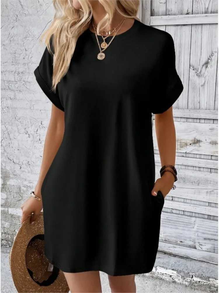 Fashion Boho Resort Style Beach Dresses For Women 2024 New Summer Solid Color O Neck Loose Short Sve Pocket Mini Dress FemmeXJ2500207