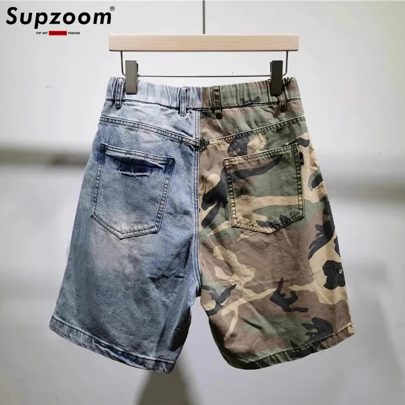 Supzoom 2023 Arrival Ulzzang Summer Pattern Length Zipper Fly Stoashed Camouflage Patchwork Jeans Shorts Men 250207
