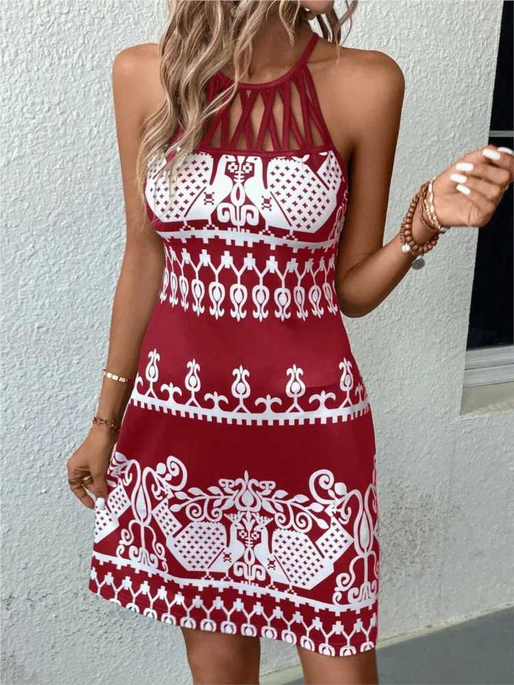 Sexy Dress For Women Hollow Off Sveless Printed Dress Retro Ele Vacation Beach Sundress Slim Fitting Women Midi VestidosXJ2500207