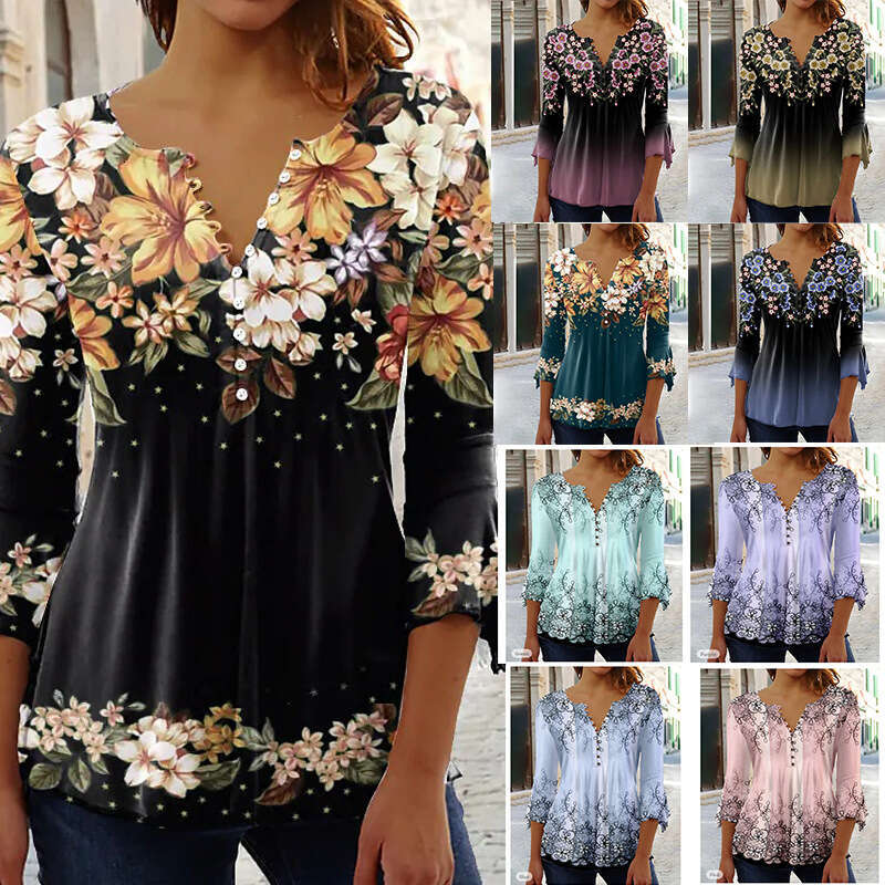 European and American summer fashion Ruili ral print V-neck seven quarter sleeve T-shirt 2024 temperament versatile new trendy clothing ins