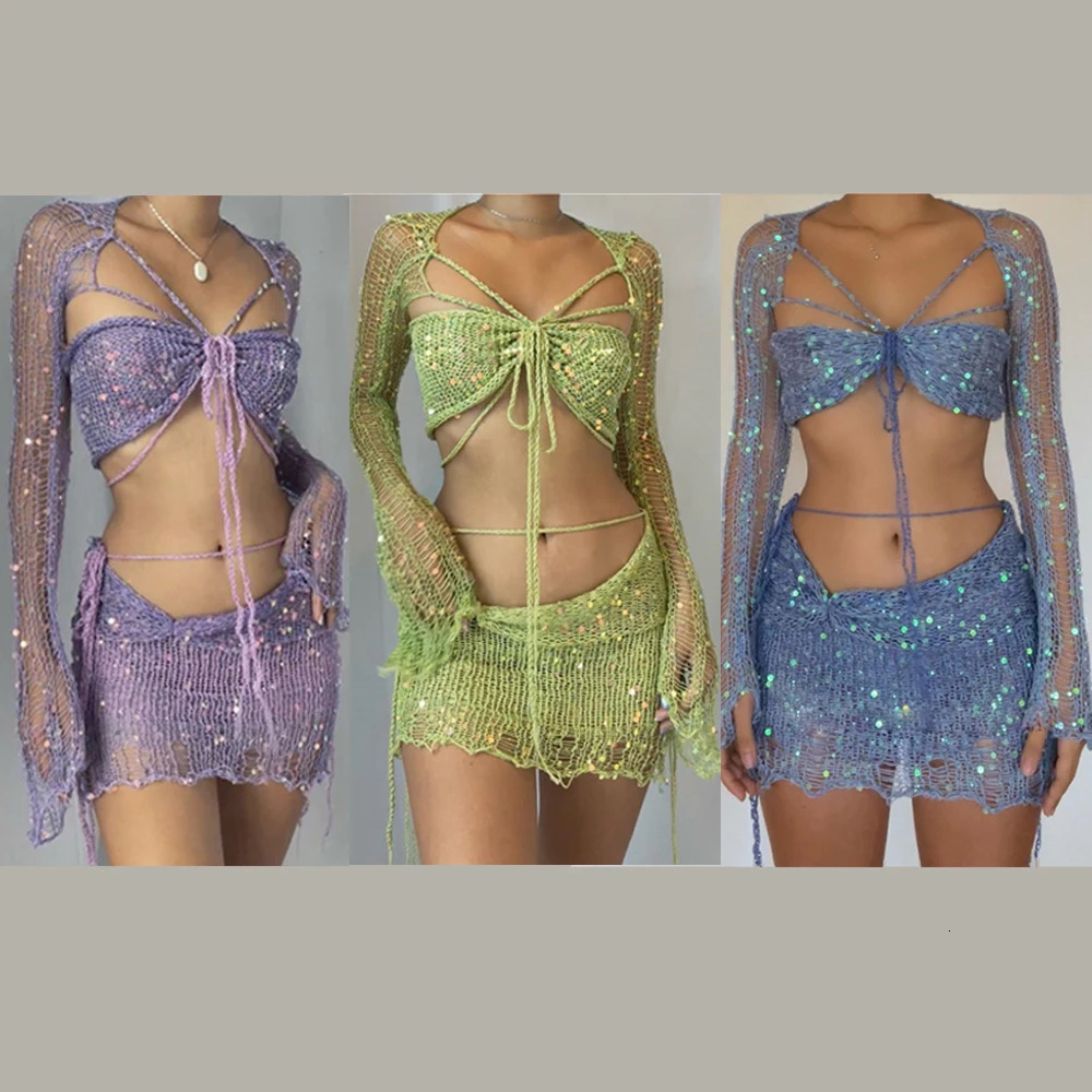 Crochet Knitted Dress Two Piece Skirt Sets Summer Women Clothes Sexy Crop Tops Elegant Knit Sequin Dress 2 Piece Set Outfit 250206
