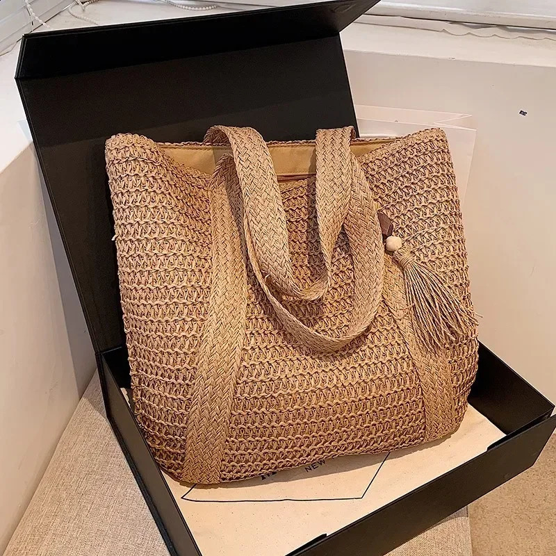 Elegant Ladies Straw Woven Handbag Women Holiday Beach Commute Casual Tote Top-Handle Bags Fashion Retro Shoulder Bags 2024 250207
