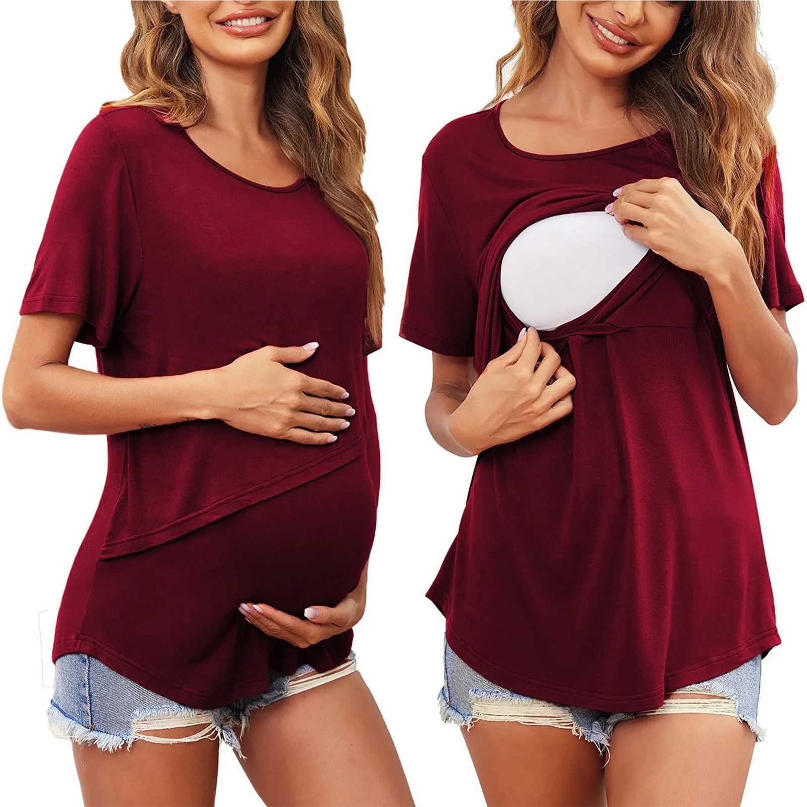 Women Maternity Breastfeeding Tee Nursing Tops Solid Color Short Sleeve T-shirt Plus Size S-2XL Maternity Clothing Tees W250207