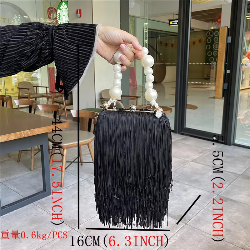Small Square Female Pearl Chain Handbag Dinner High Quality Long Tassel Clutch Black Evening Bag PU Cartoon