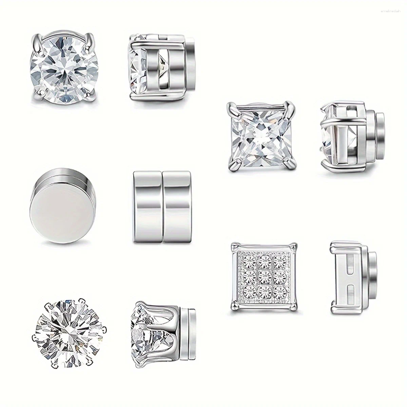 Stud Earrings 1 Pair Stainless Steel Magnetic Earring Hip Hop Street Style Cubic Round Square Zirconia Non-Piercing Clip-On