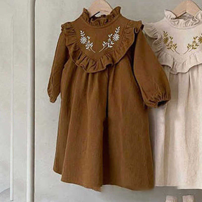 7342 Ins Girl Mother and Daughter Long Sleeve Embroidered Flower Dress Baby Clothing Family Match W250207 J250625