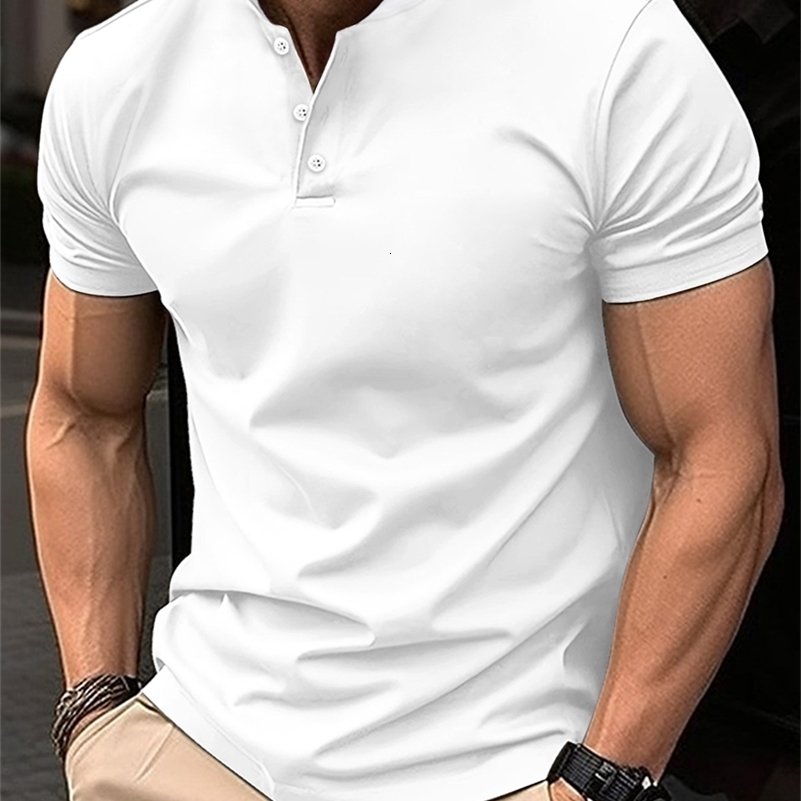 SpringSummer Mens Short Sleeved Neck T-shirt Solid Color Casual Polo Shirt Trendy Breathable Loose Top 250206