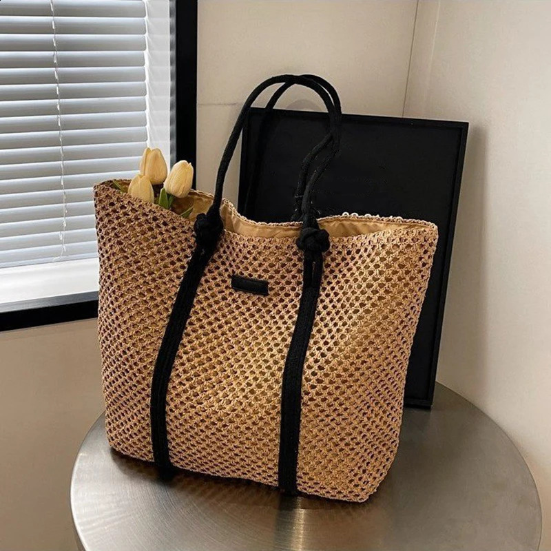 Summer Woven Straw Tote Bag Casual Beach Vacation Women Shoulder Bags Large Capacity Female Handbags Solid Color 250207