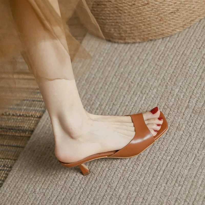 Genuine Leather French Slim Heel Slippers for Womens Summer New Fiable Sandals Women Sweet Round Toe Slipper Ladies ShoesXJ250207
