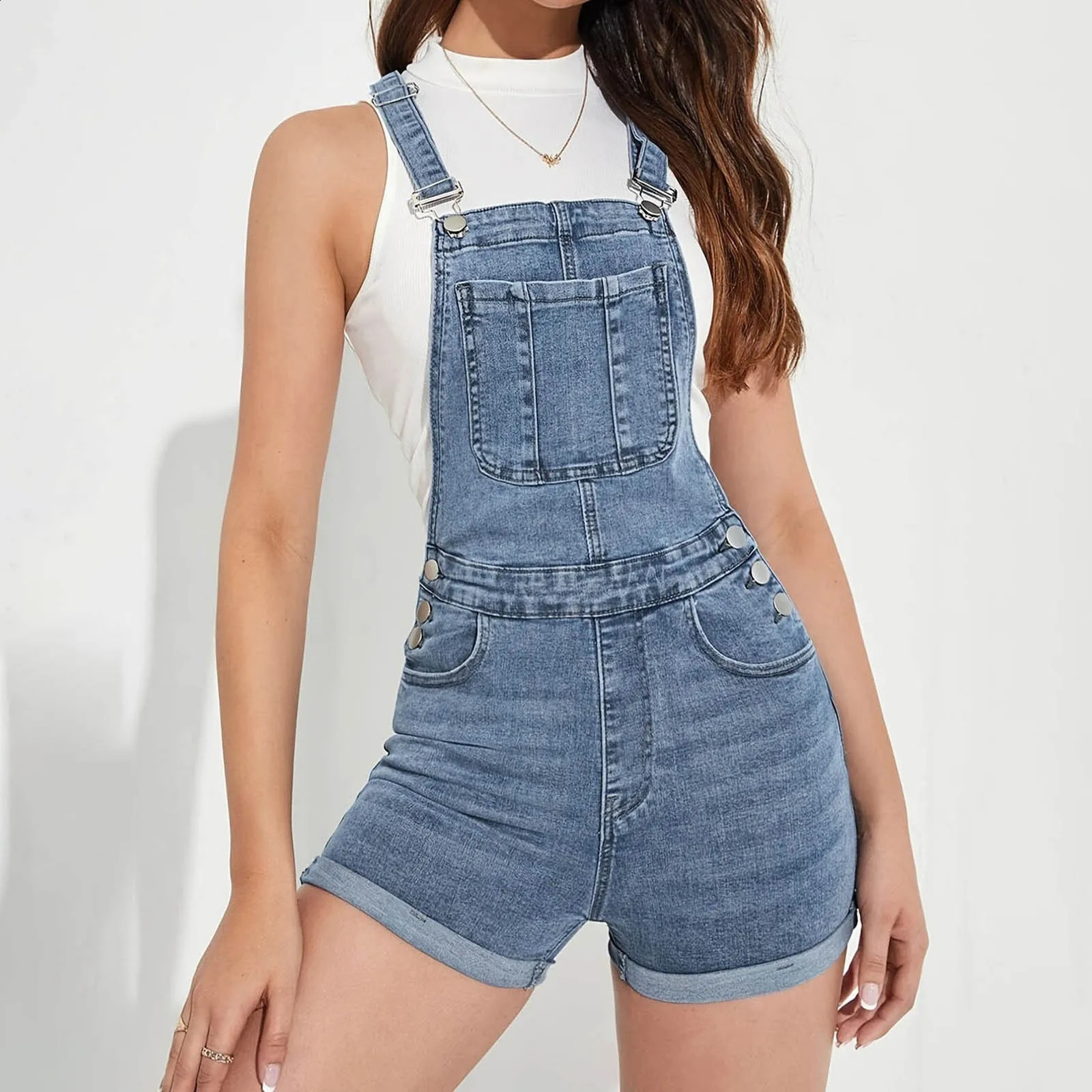 Denim Shorts Ladies Overalls With Pocket Summer Jumpsuits Slim Fit One-Piece Strap Denim Shorts Sexy Jumpsuit For Womens 250206