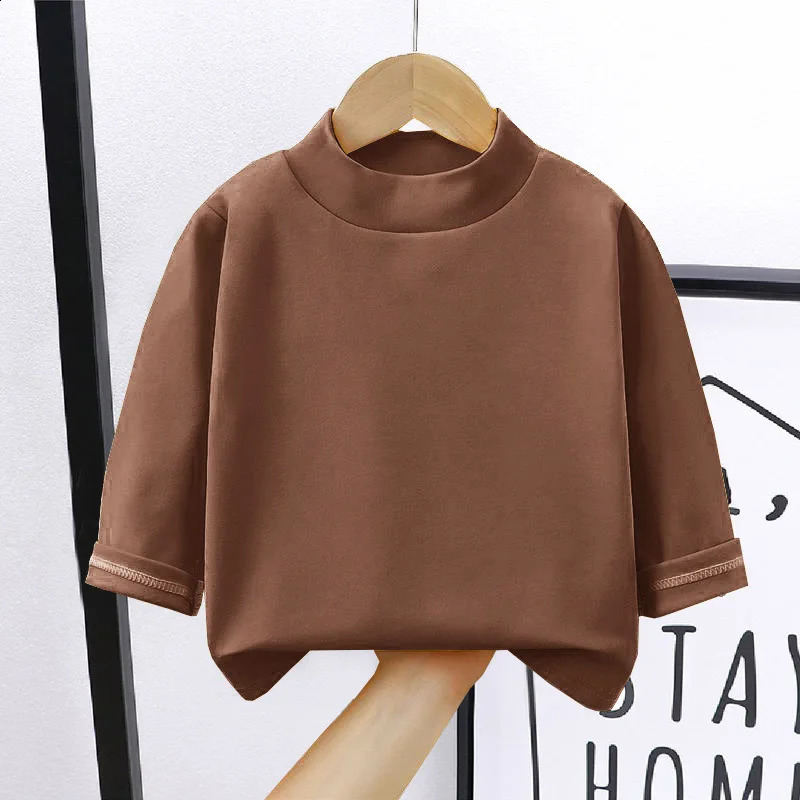 1pcs Spring Autumn Childrens T-Shirts Baby Solid Color Warm Top Kid Half High Collar Long Sleeve Base Shirt Boys Girls Tshirts 250207