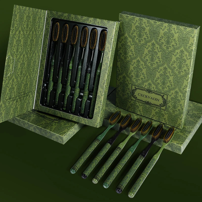 6-Pcs Gift Boxes Forest Travel Series Adult Home Couple Travel High-end Long Soft Bristle Large Head Toothbrush 250206