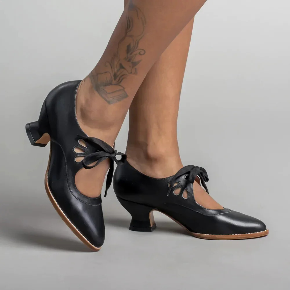 Woman Pumps Retro Mary Jane Shoes Vintage Lace Up High Heels Low Heel Plus Size Dress Zapatos De Mujer 250118