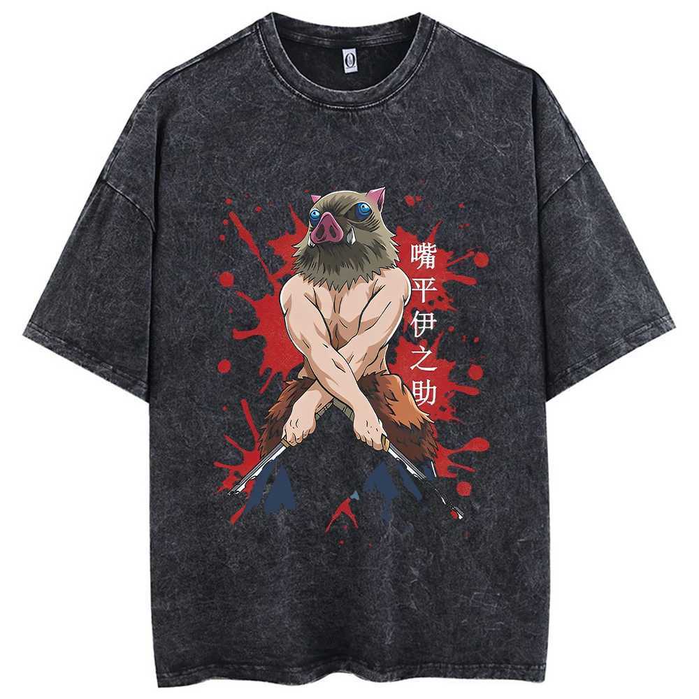 Anime Printed Acid Washed T Shirt 100% Cotton Short Sleeves Streetwear Tops Vintage Manga Fashion Oversized Tees UnisexT250207