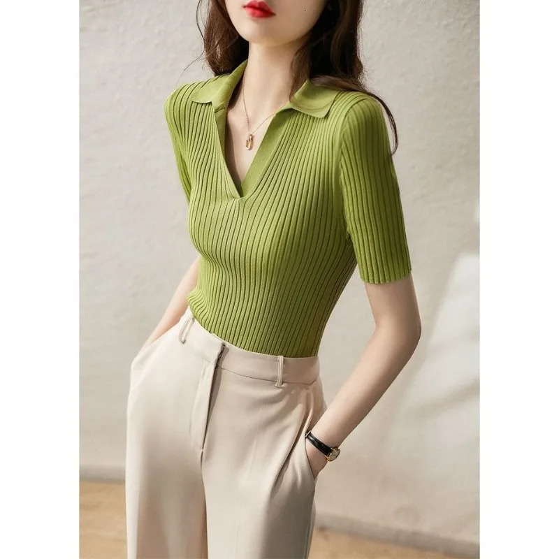 Womens Polo Shirts Slim Knitted Female Tee Plain T-shirts Korean Style Aesthetic Pulovers Casual Tops Short Sleeve 250207