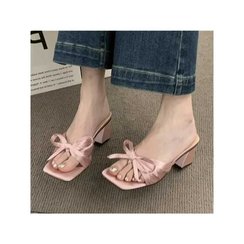 Bow Chunky Summer Shoes 2024 New Sexy High Heels Women Slippers Sandals Designer Flip Flops Open Toe Party Pumps SlidesXJ250207