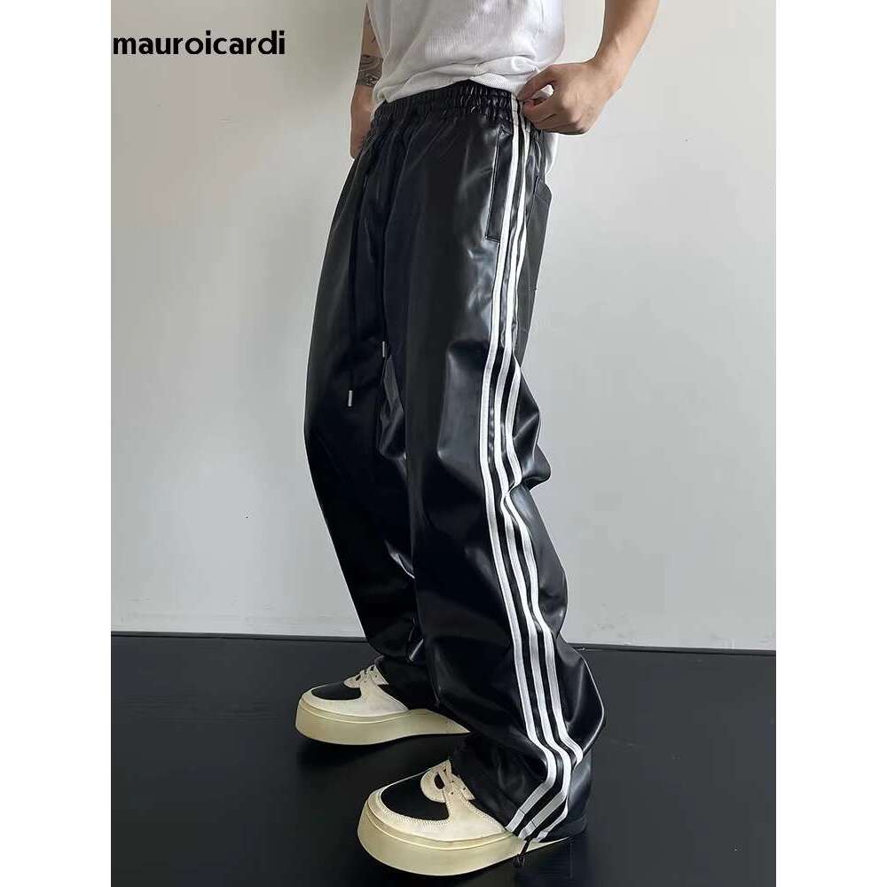 Leather Pants Mauroicardi Spring Autumn Cool Black Soft Stretchy Waterproof Pu Leather Pants For Men With Elastic Waist Loose Casual Clothes