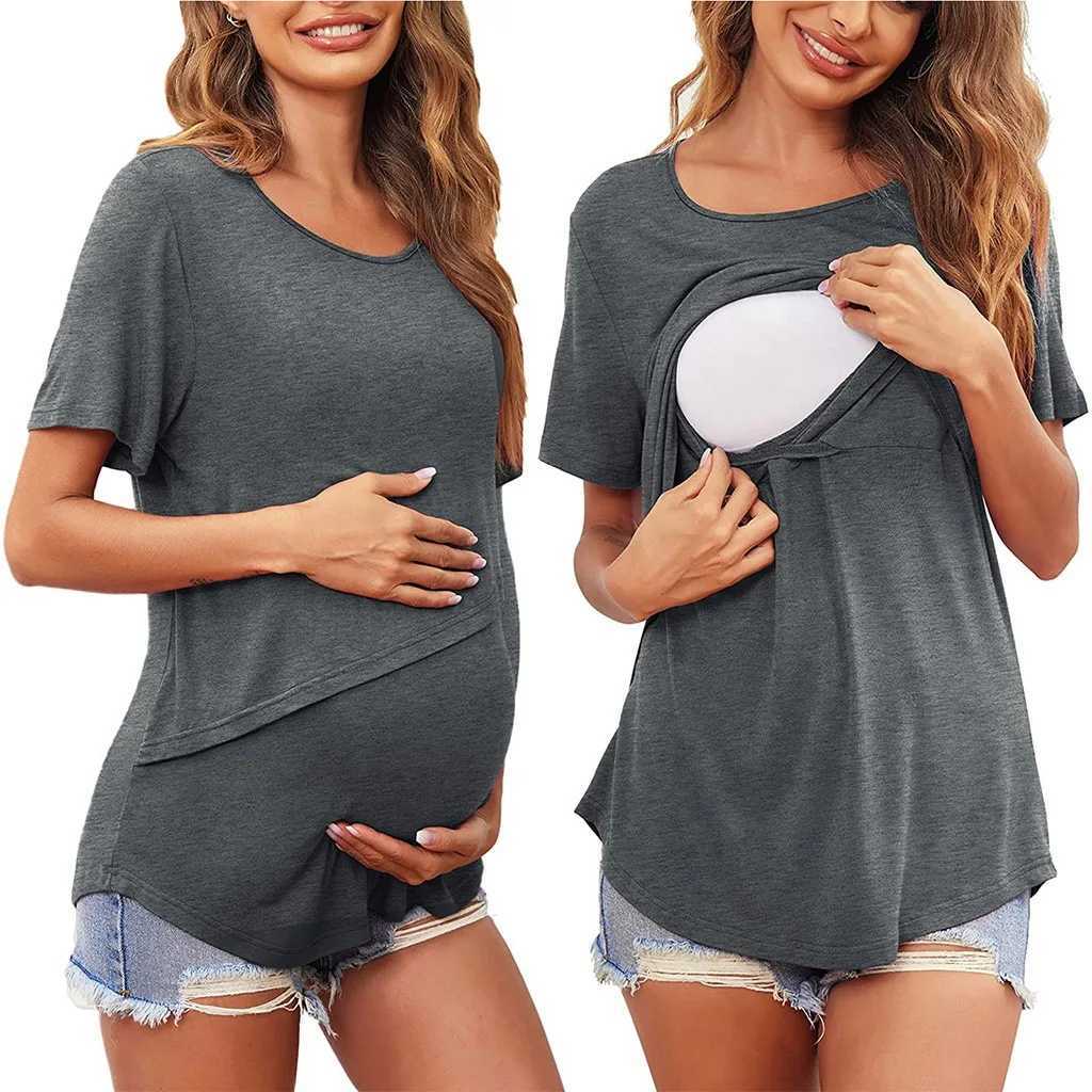 Women Maternity Breastfeeding Tee Nursing Tops Solid Color Short Sleeve T-shirt Plus Size S-2XL Maternity Clothing Tees W250207