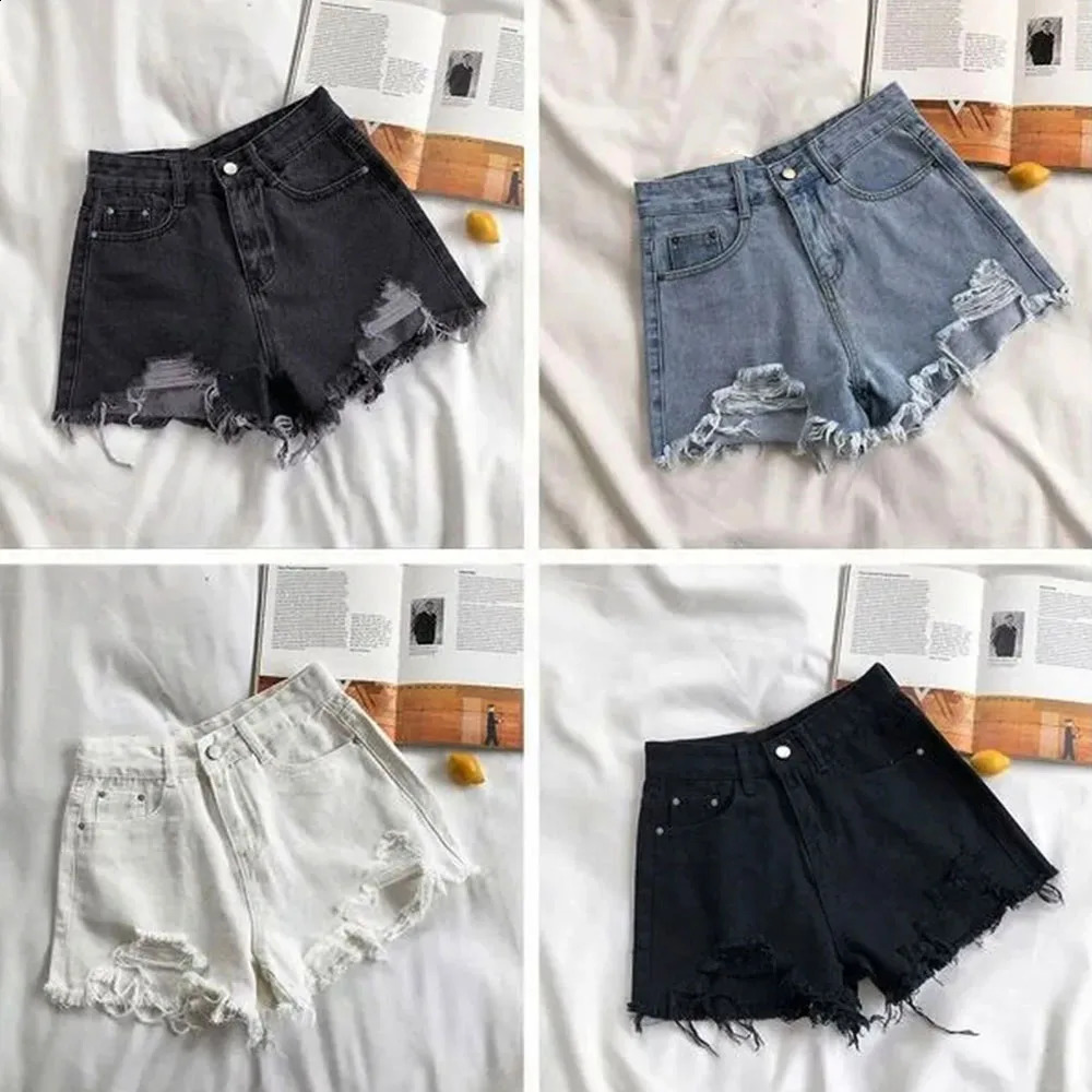 Summer Korean Womens Cow Shorts High Waist Casual Blue Denim Shorts Pocket Tassel Perforated Fashion Shorts Y2K Female Jeans 250207