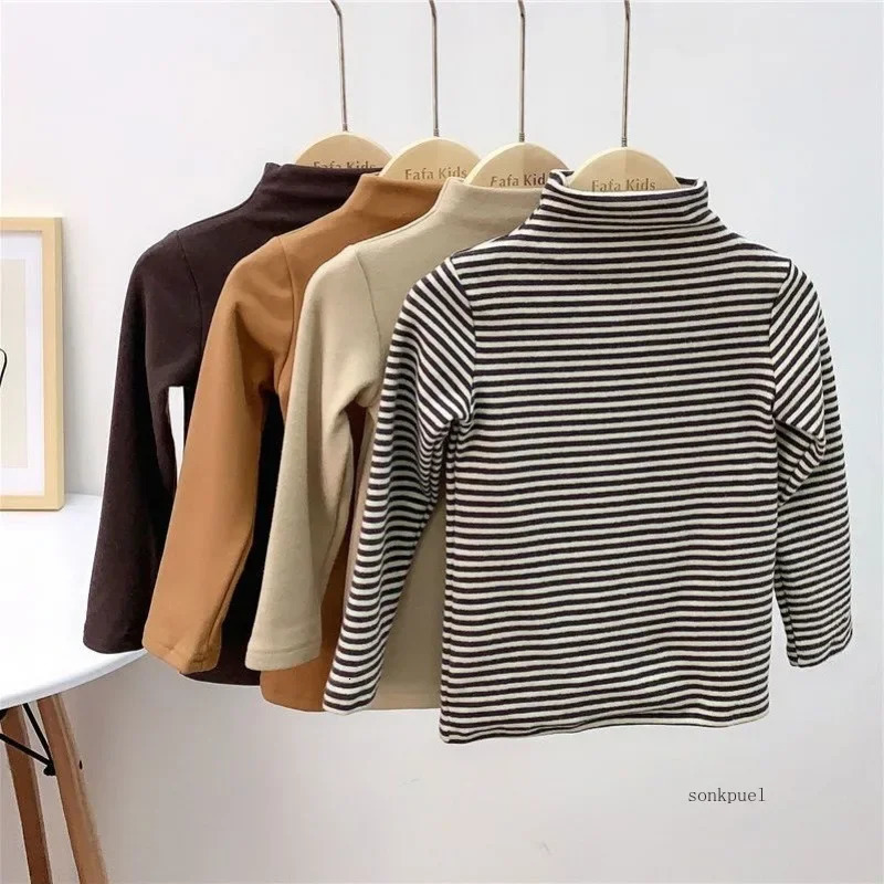 Autumn Winter Baby Boy Girl Baby Solid Long Sleeve Bottoming Shirt Children Turtleneck Casual Tshirt Kid Striped Top Clothes 250207
