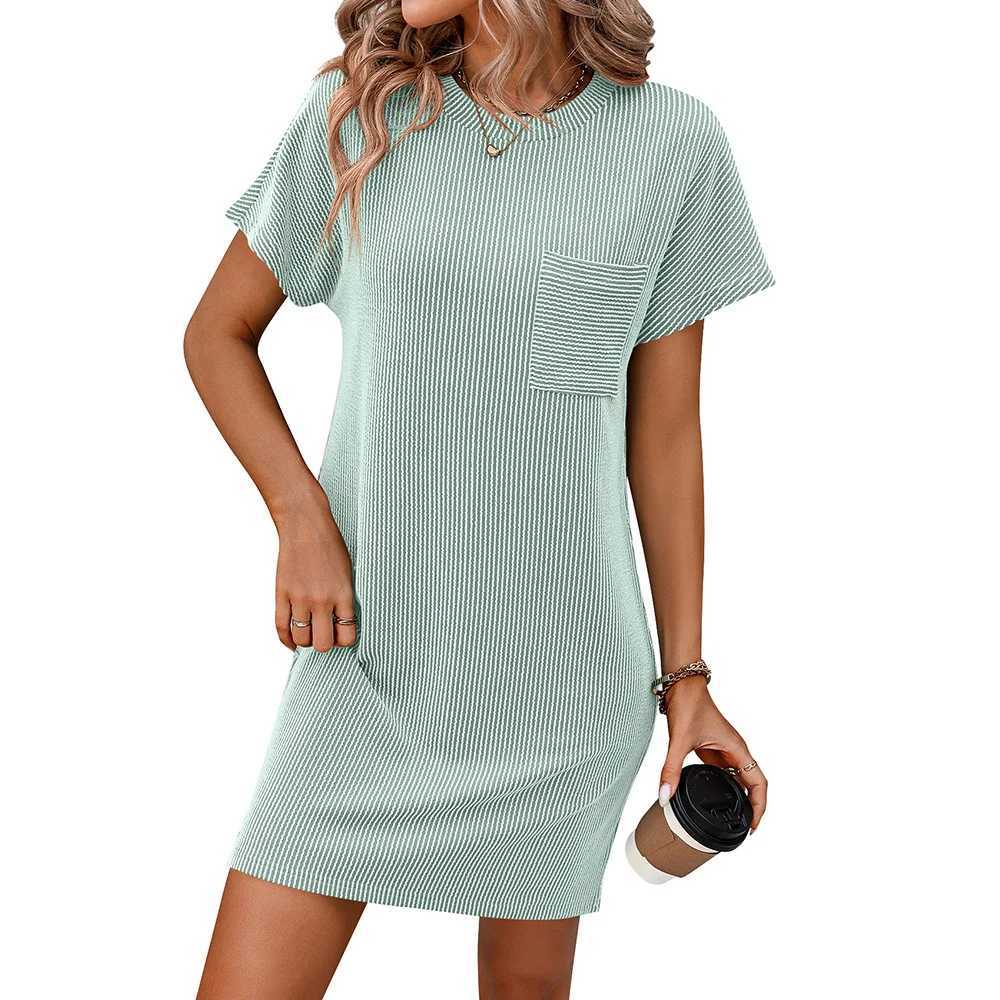 Womens Summer Dress 2024 New Casual Color Blocking Twisted Short Sve Pocket Dress Womens Beach Dress Straight DressXJ2500207