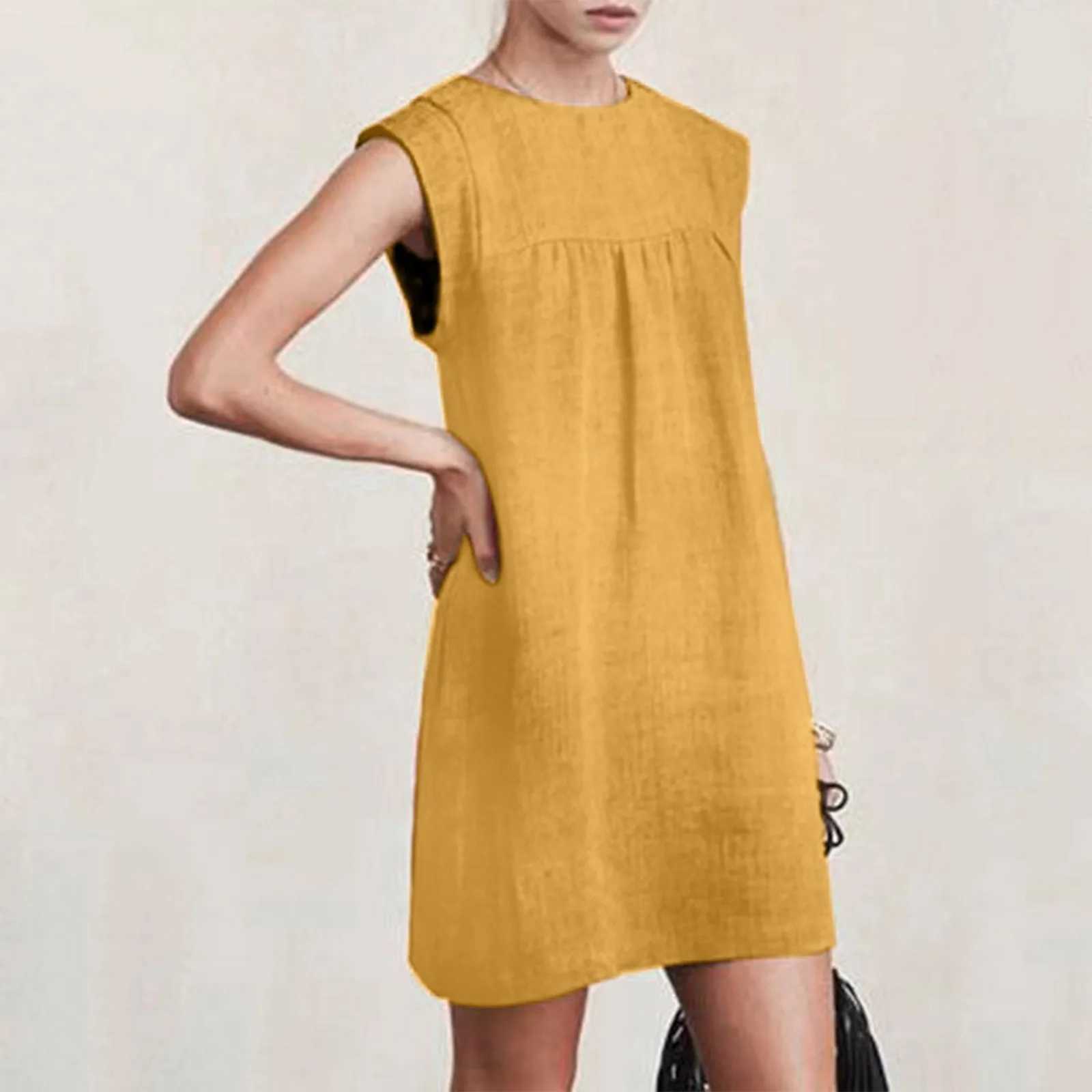 Summer Holiday Dress For Women Casual O Neck Sveless Solid Color Cotton Linen Folds Sundress Loose Vacation Beach Short DressXJ2500207