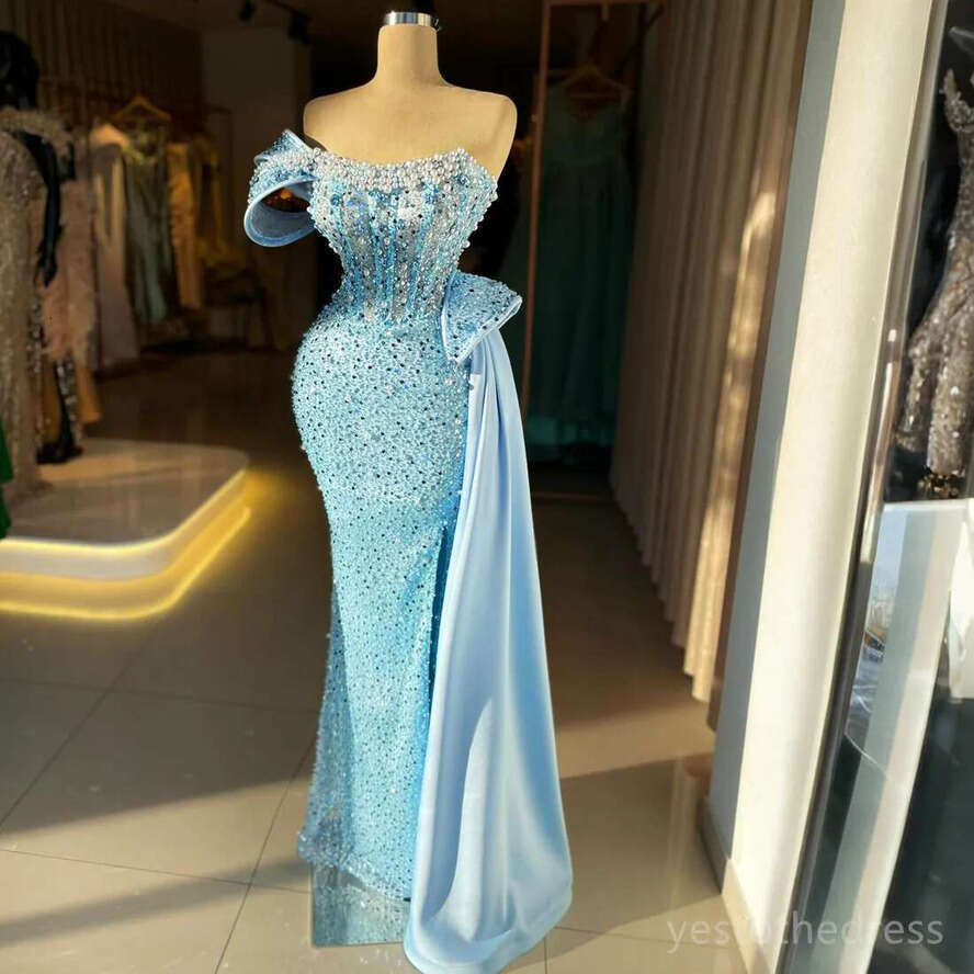 2024 Prom Black Women Blue Evening Dresses Elegant One Shoulder Illusion Sequined Lace Mermaid Birthday Dress Second Reception Gowns For Ocn Am608
