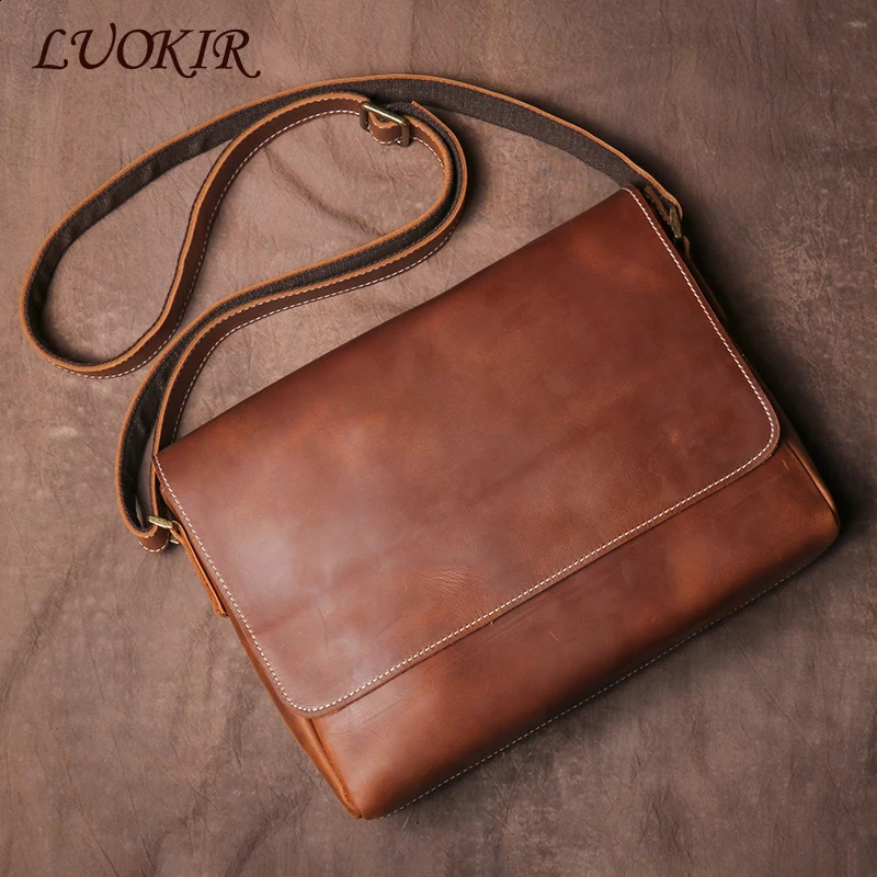 LUOKIR Vintage Crazy Horse Mens Crossbody Bag Genuine Leather Shoulder High Quality Simple Flap Cowhide Messenger Bags 250206