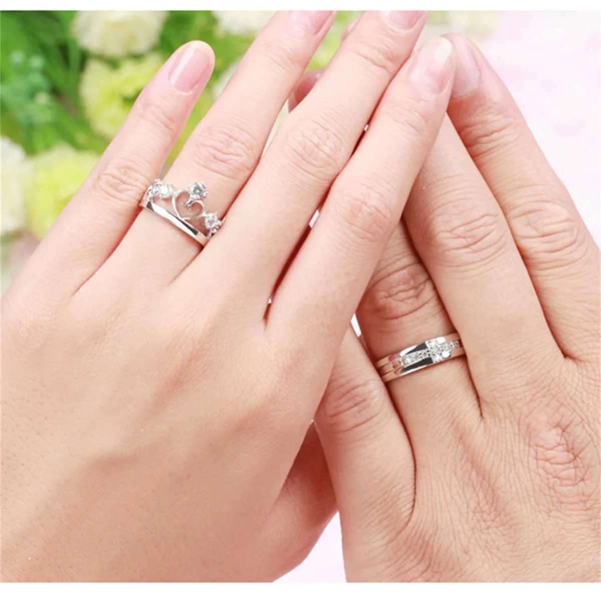 2Pcs Silver Color Luxury Zircon Crown Cross Couple Rings For Lovers Forever Endless Love Wedding Bands Ring Valentines Day Gifts W250207