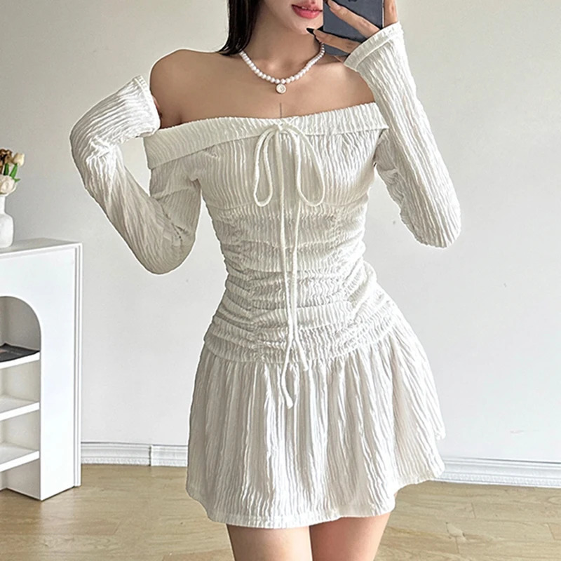 HEYounGIRL Texture Knitted Folds Off Shoulder Mini Dres Korean Style White Elegant Short Dresses Sweet Y2K Streetwear 250206