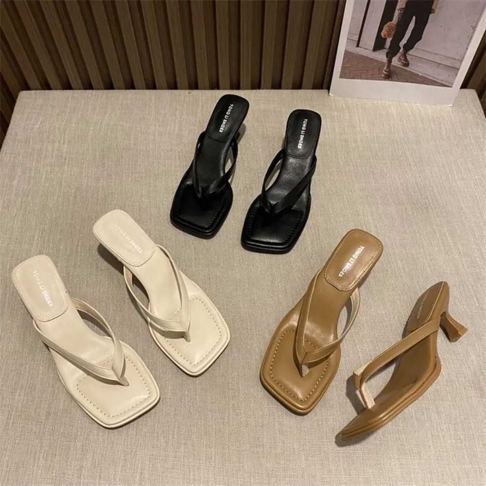 Flip Flops Women Summer Outside New Square Head Slim Heel Sandals Fi Clip Toe Slippers Women Sandals Pantuflas De MujerXJ250207