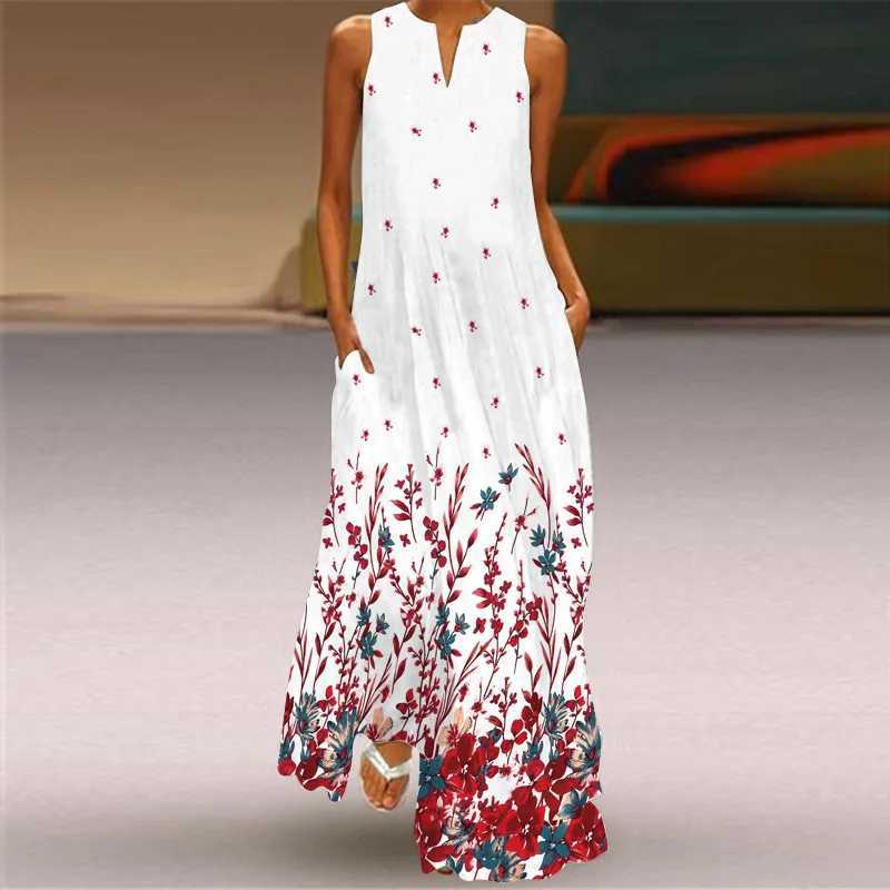 Womens Fashion Retro Printed Sveless Sexy Dress Summer Ele Womens Ethnic Style V-neck Loose Pocket Long Dress VestidosXJ2500207