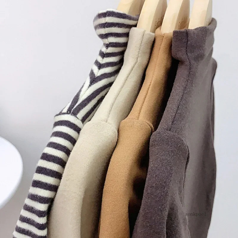Autumn Winter Baby Boy Girl Baby Solid Long Sleeve Bottoming Shirt Children Turtleneck Casual Tshirt Kid Striped Top Clothes 250207