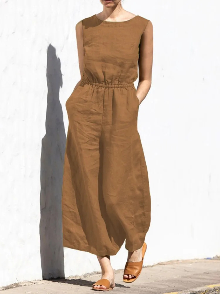 Fashion Buttoned Women Wide Leg Pant Jumpsuit Summer Solid Round Neck Sleeveless Pocket Playsuit Ladies Loose One-Piece Pants 250107