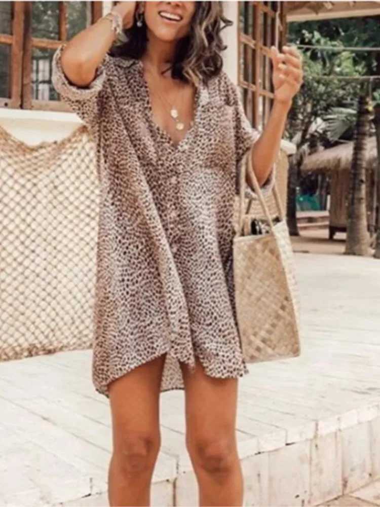 Summer V Neck Leopard Print Casual Long Sve Dress Retro Button Shirt Ele Office 2024 Vacation A Line SkirtXJ2500207