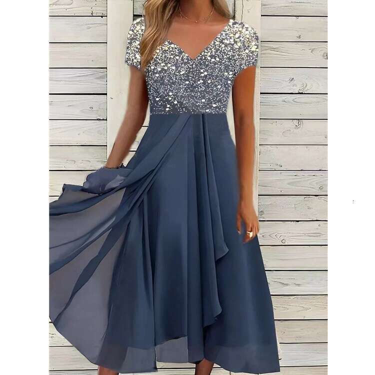 European American Summer Urban Leisure Fashion Chiffon Splicing Women's Dress 2024 New Style Unique and Elegant Clothing